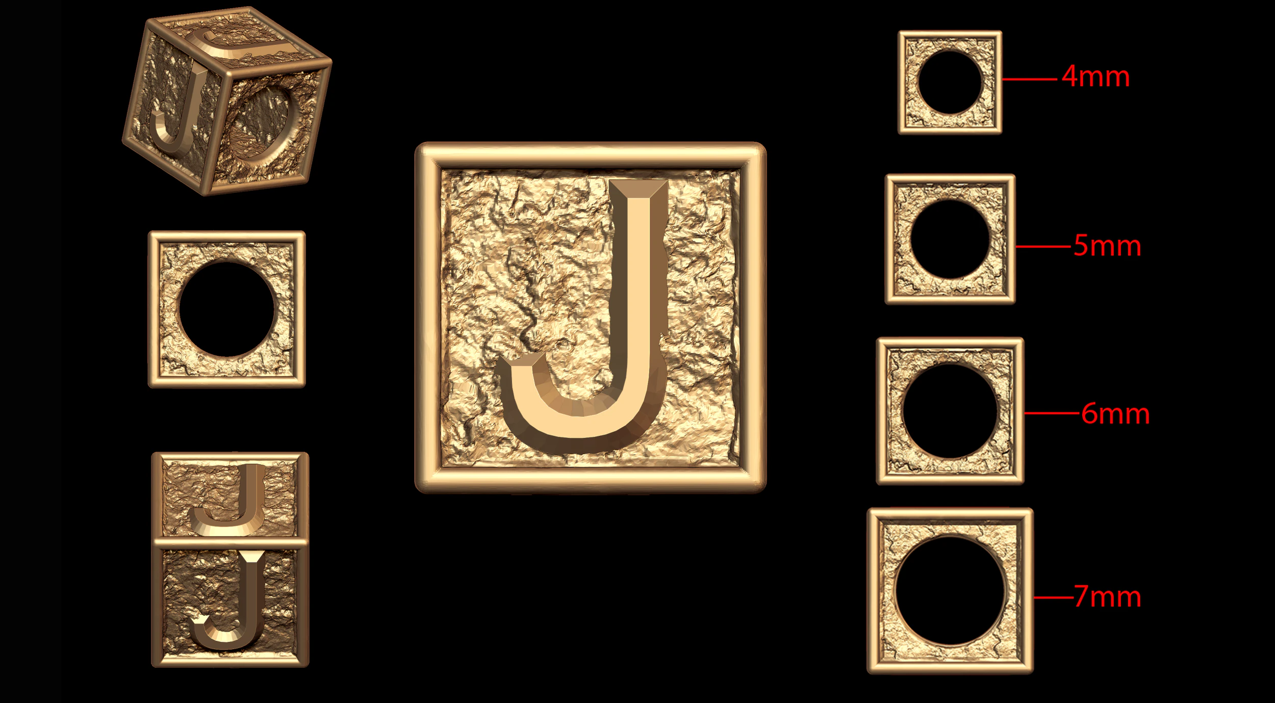 J Letter Nugget Bracelet Bead in 4 sizes 3D Print Model .c4d .max .obj .3ds .fbx .stl .blend 