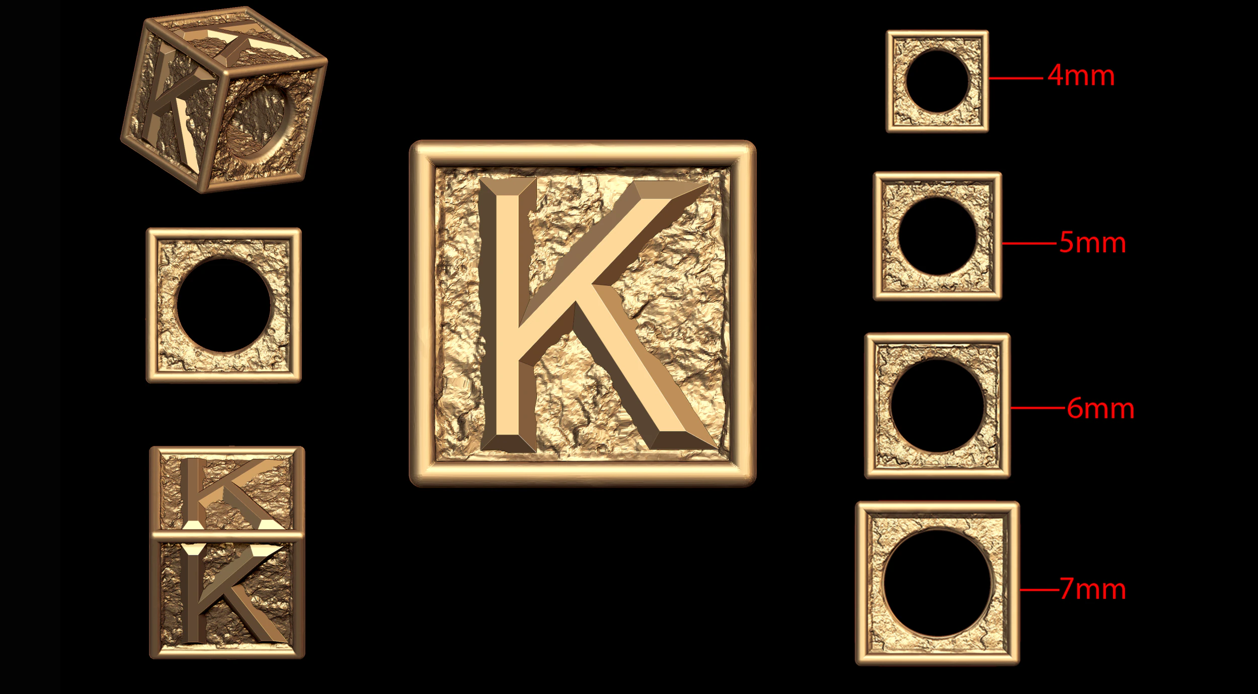 K Letter Nugget Bracelet Bead in 4 sizes 3D Print Model .c4d .max .obj .3ds .fbx .stl .blend 