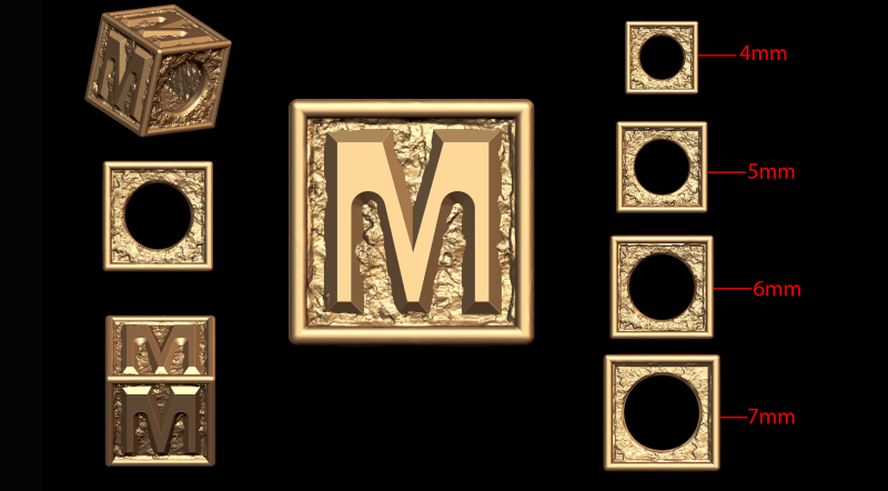 M Letter Nugget Bracelet Bead in 4 sizes Modelo de Impressão 3D .c4d .max .obj .3ds .fbx .stl .blend