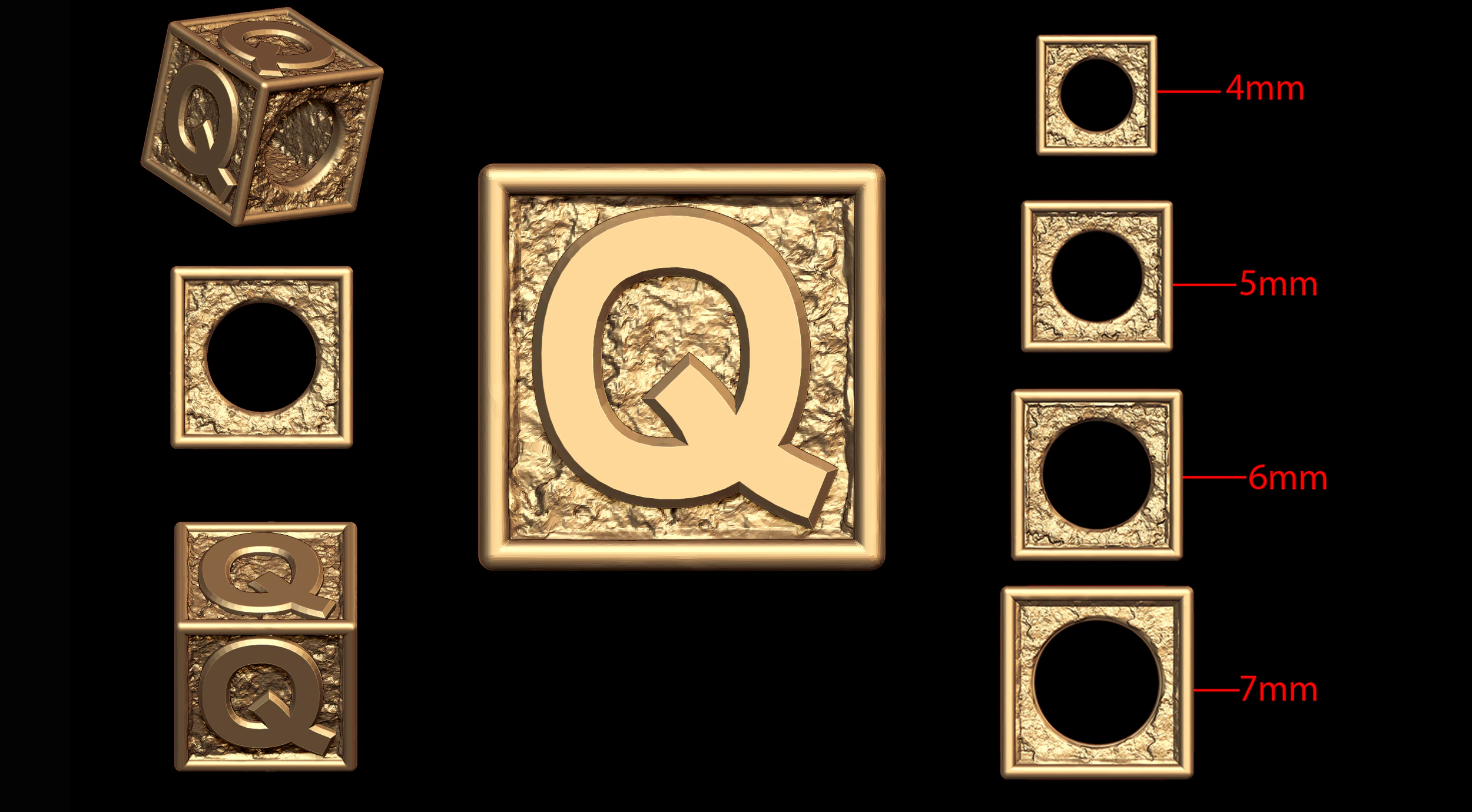 Q Letter Nugget Bracelet Bead in 4 sizes 3D Print Model .c4d .max .obj .3ds .fbx .stl .blend 