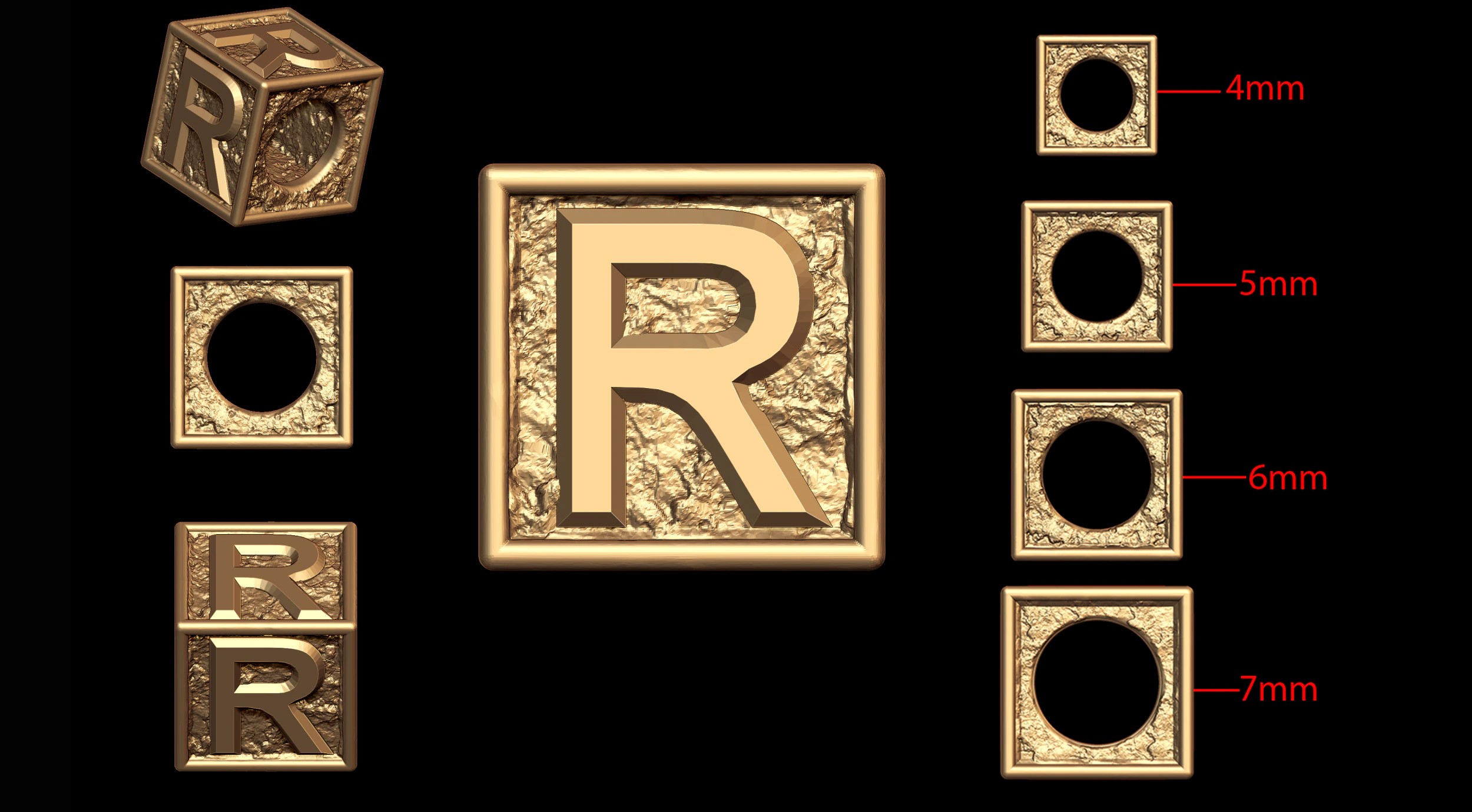 R Letter Nugget Bracelet Bead in 4 sizes 3D Print Model .c4d .max .obj .3ds .fbx .stl .blend 