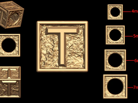 टी अक्षर नगेट ब्रेसलेट मनका 4 आकारों में 3D प्रिंट मॉडल