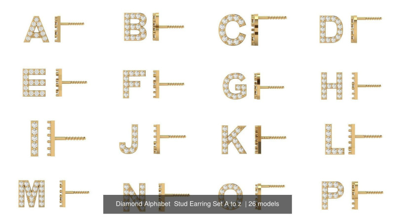 Diamond Alphabet Stud Earring Set A to Z 3D 프린트 모델 .c4d .max .obj .3ds .fbx .stl .blend