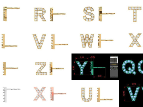 Diamond Alphabet Stud Earring Set A to Z Modello di stampa 3D