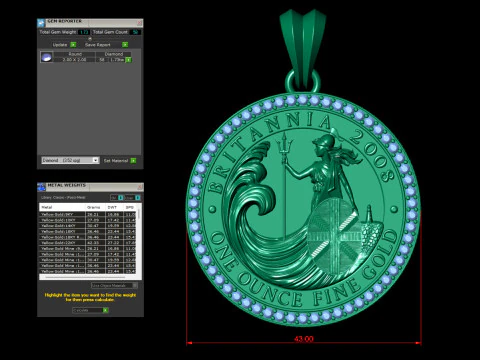 2008 1oz Britannia Bullion Coin Diamond Pendant 3D Print Model