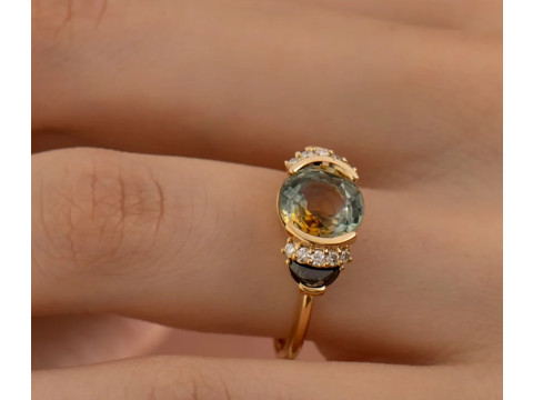 Round Sapphire with Half Moon Diamond Engagement Ring Modèles 3D en vedette