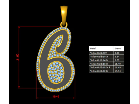 Diamond Number 6 Hiphop Pendant with Enamel 3D Print Model