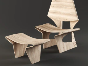 folding wooden armchair and footrest 3D Model