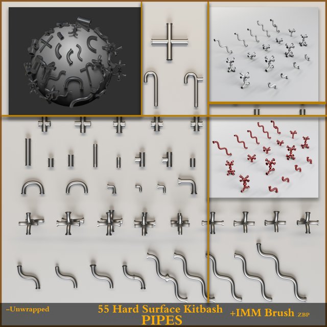 55 hard surface pipes kitbash imm brush 3Dモデル .c4d .max .obj .3ds .fbx .stl .blend 