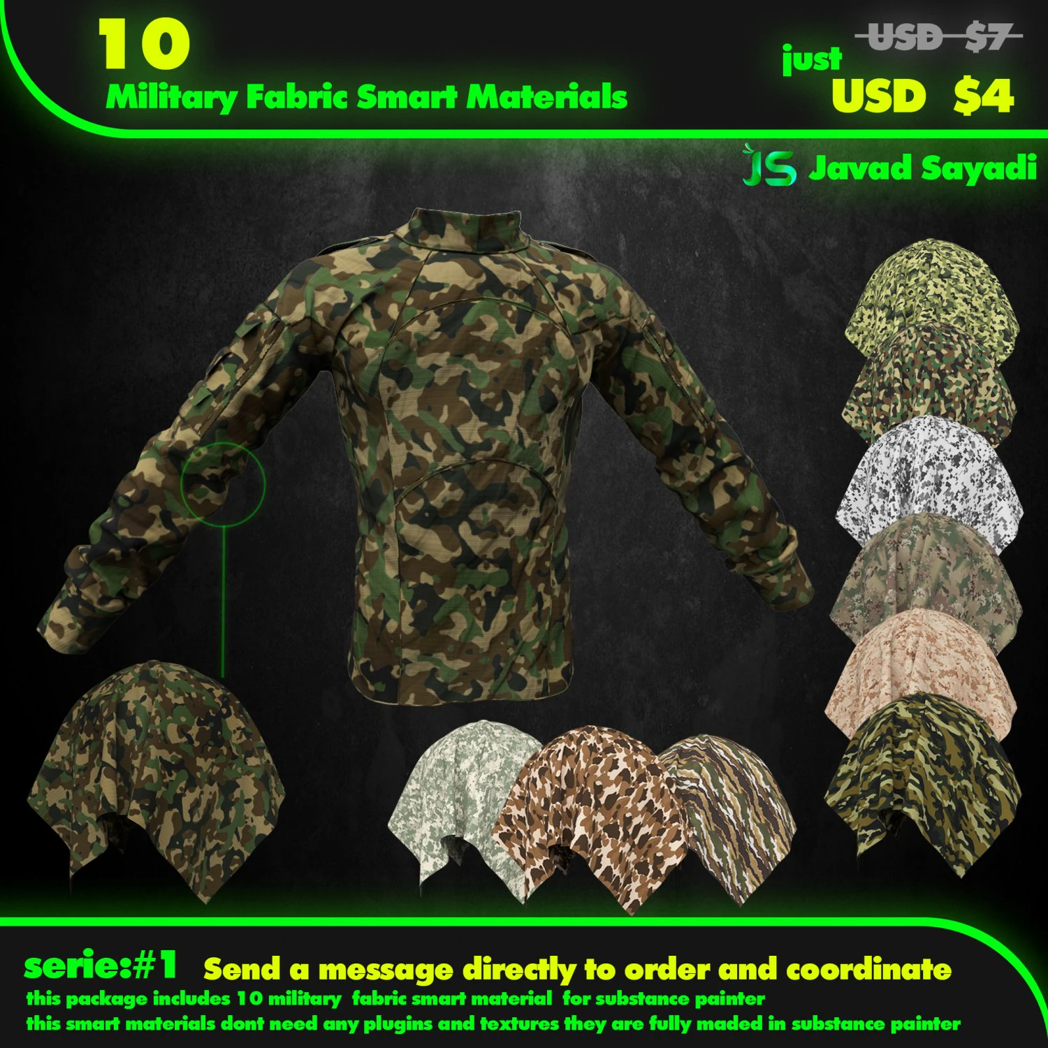 10 military fabric smart materials for substance painter serie 1 CG Textures .c4d .max .obj .3ds .fbx .stl .blend 