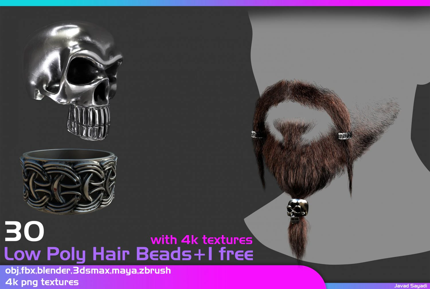 Low poly beads for hair and facial hair 3D Model .c4d .max .obj .3ds .fbx .stl .blend 