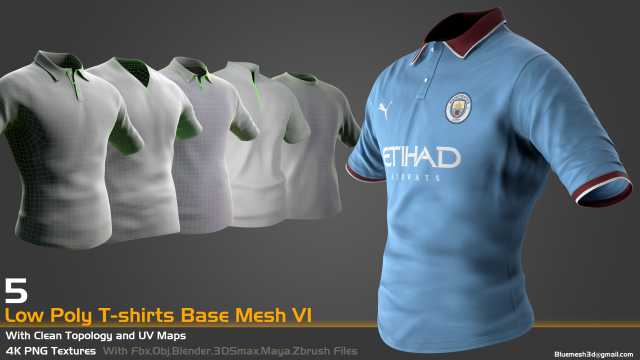 5 Low Poly T-shirts Base Mesh For Game Model 3D .c4d .max .obj .3ds .fbx .stl .blend 