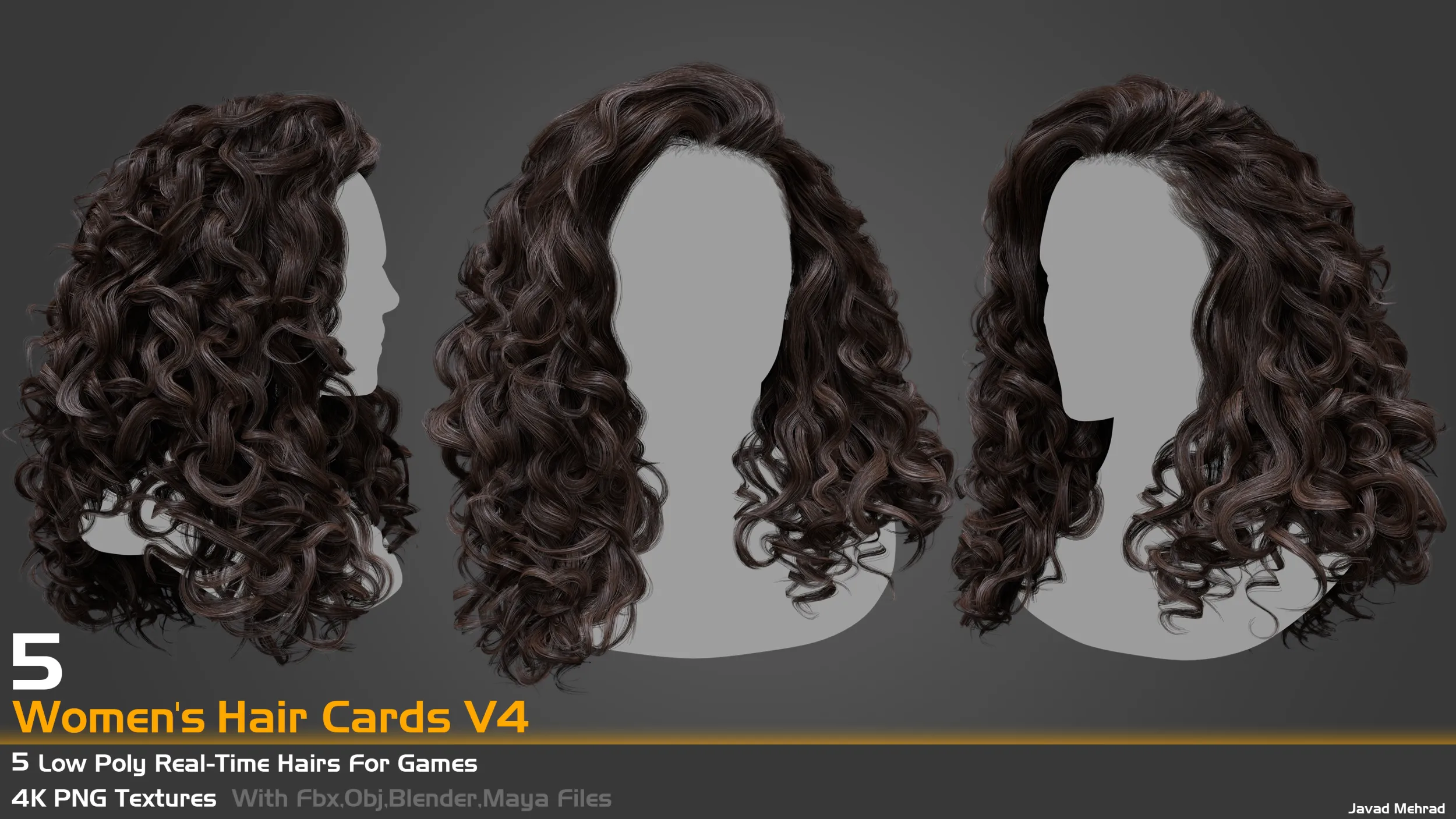 5 Famel curly real-time hair cards for games and vfx 3D Model .c4d .max .obj .3ds .fbx .stl .blend 