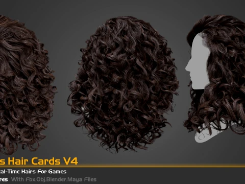 5 Famel curly real-time hair cards for games and vfx 3D Model