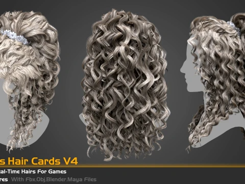 5 Famel curly real-time hair cards for games and vfx 3D Model