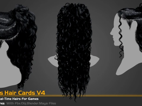 5 Famel curly real-time hair cards for games and vfx 3D Model