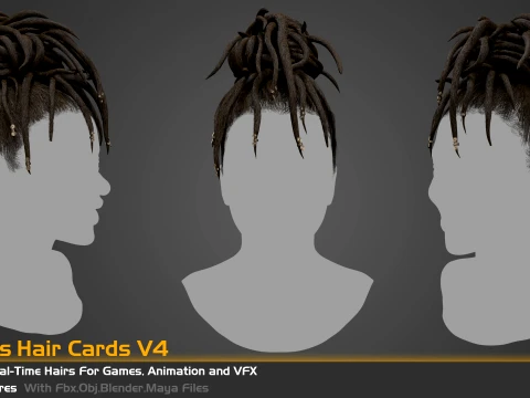 5 Famel curly real-time hair cards for games and vfx 3D Model