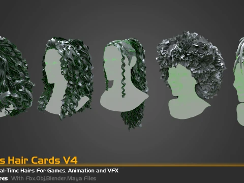 5 Famel curly real-time hair cards for games and vfx 3D Model