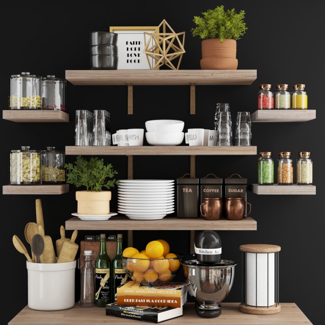 kitchen accessories on wood shelves 3Dモデル .c4d .max .obj .3ds .fbx .stl .blend 