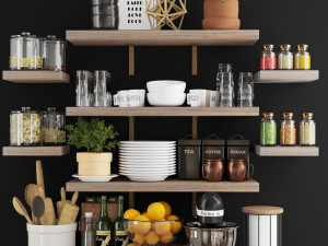 kitchen accessories on wood shelves Modello 3D