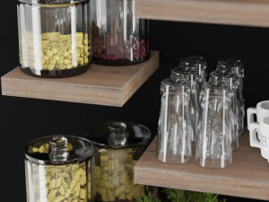 kitchen accessories on wood shelves 3D Model