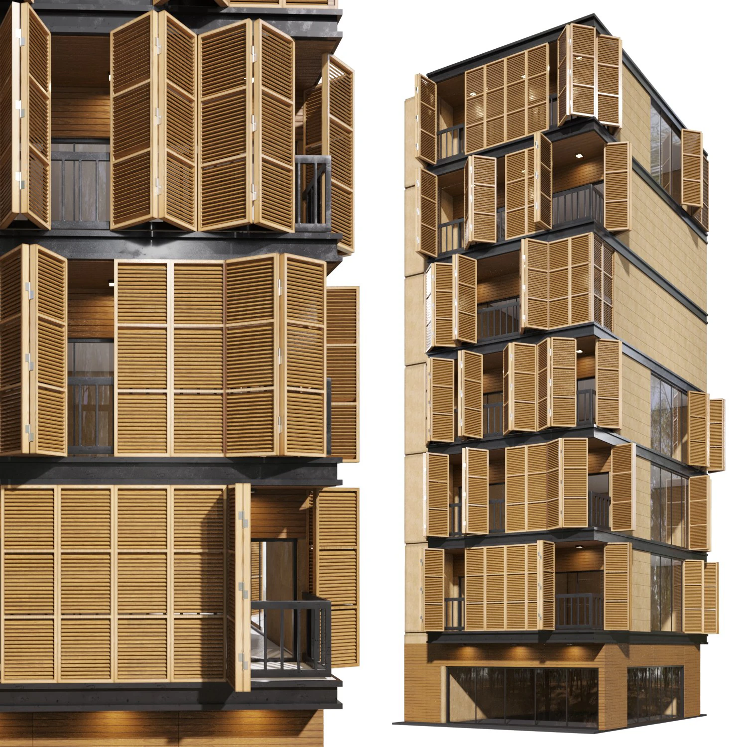 wooden facade building 3D Model .c4d .max .obj .3ds .fbx .stl .blend