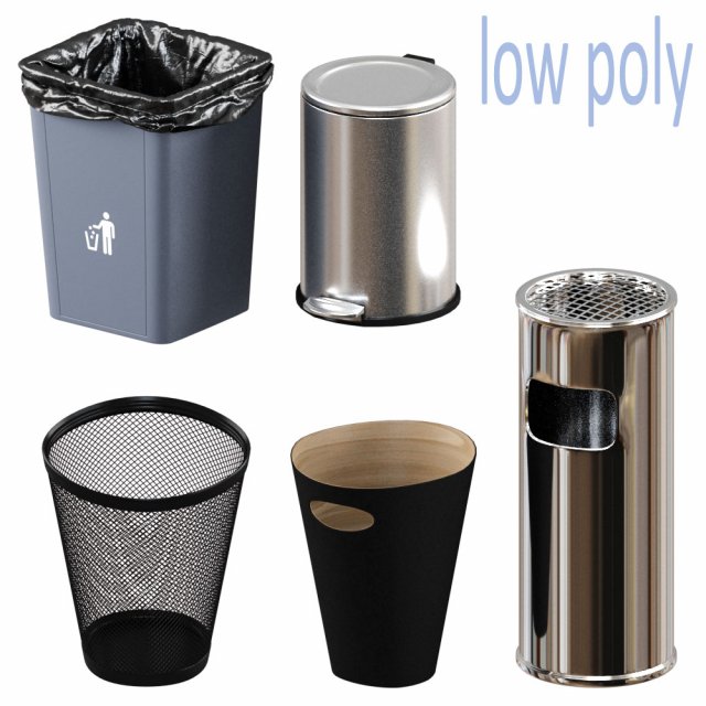 5 trash bin low poly 3D Model .c4d .max .obj .3ds .fbx .stl .blend 