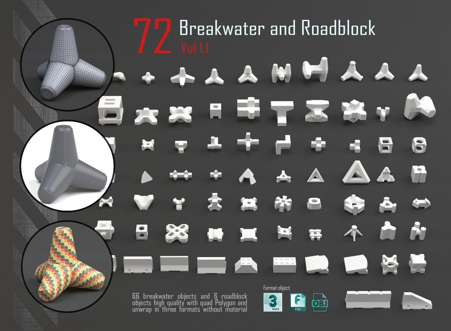 breakwater and roadblock 3D Model .c4d .max .obj .3ds .fbx .stl .blend