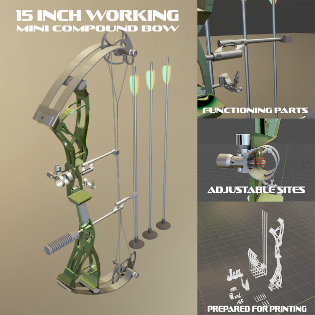 mini compound bow - trophy fully functional Modèles 3D en vedette .c4d .max .obj .3ds .fbx .stl .blend 