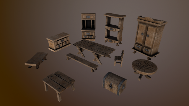 s of wooden furniture asset low-poly Modello 3D .c4d .max .obj .3ds .fbx .stl .blend 