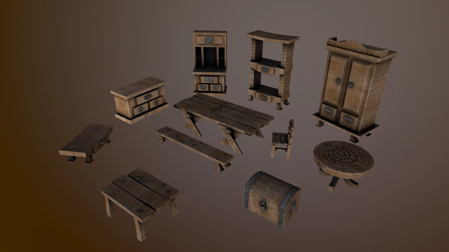 s of wooden furniture asset low-poly 3D Model .c4d .max .obj .3ds .fbx .stl .blend 