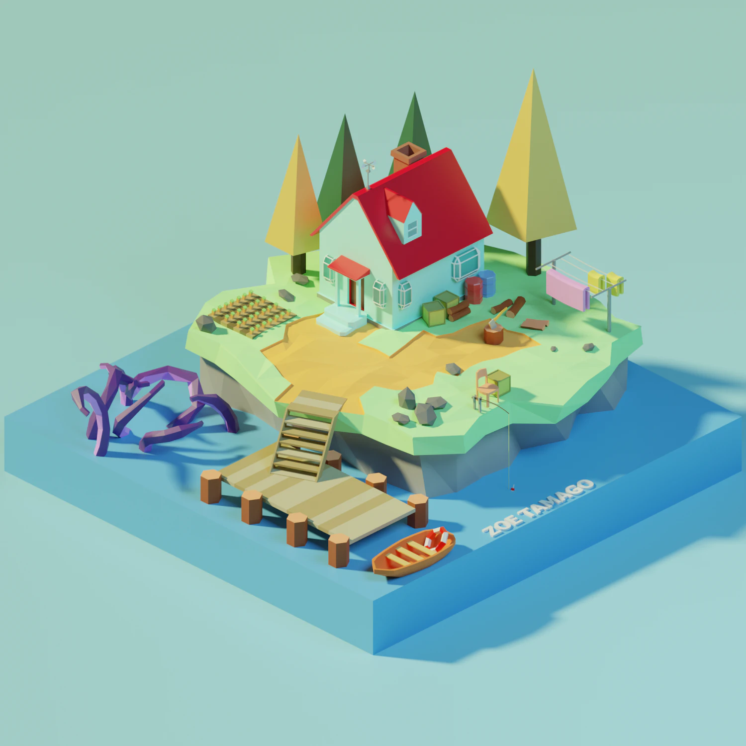 isometric low poly house on an island by zoe tamago 3D Model .c4d .max .obj .3ds .fbx .stl .blend 