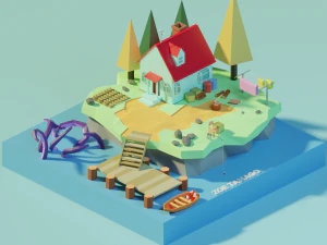 casa isom&eacute;trica low poly em uma ilha por Zoe Tamago Modelo 3D