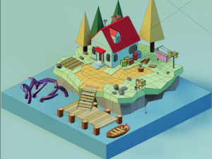 isometric low poly house on an island by zoe tamago 3D Model
