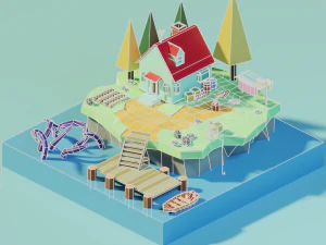 isometric low poly house on an island by zoe tamago 3D Model