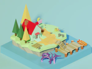 isometric low poly house on an island by zoe tamago 3D Model