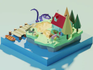 isometric low poly house on an island by zoe tamago 3D Model
