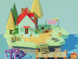 isometric low poly house on an island by zoe tamago 3D Model