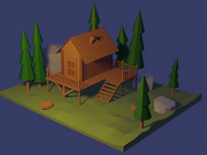 casa de madeira baixo poli Modelo 3D