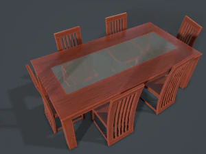 लकड़ी के कांच की खाने की मेज और कुर्सी 3D मॉडल
