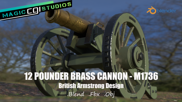 12 pounder brass cannon - m1736 3D Model .c4d .max .obj .3ds .fbx .stl .blend 