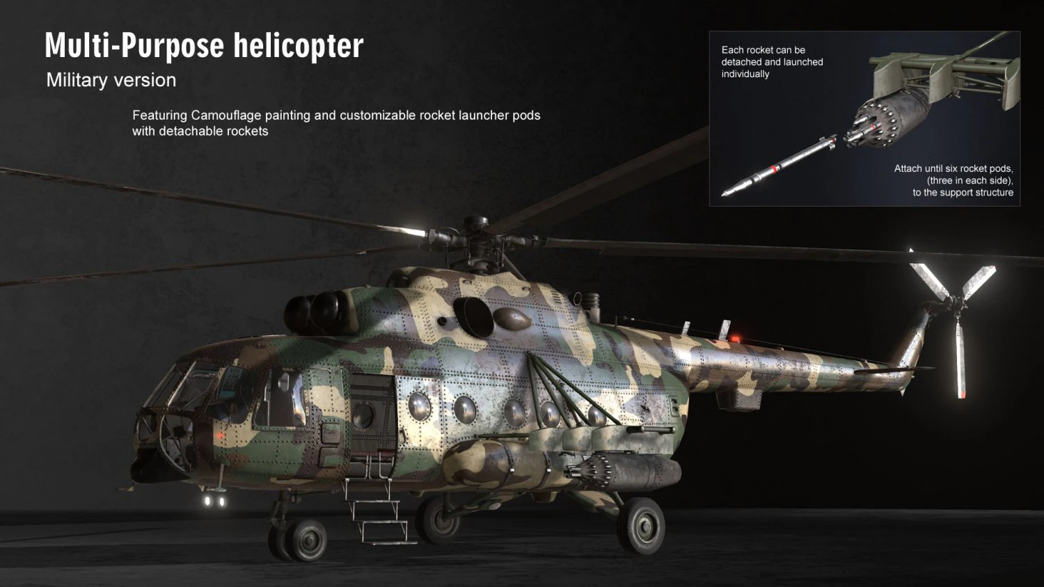 military helicopter 3D Model .c4d .max .obj .3ds .fbx .stl .blend 