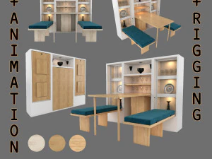 hinged furniture shelf transformation rigging and animation 3 wood versions 3D Model