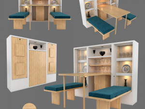 hinged furniture shelf transformation rigging and animation 3 wood versions 3D मॉडल