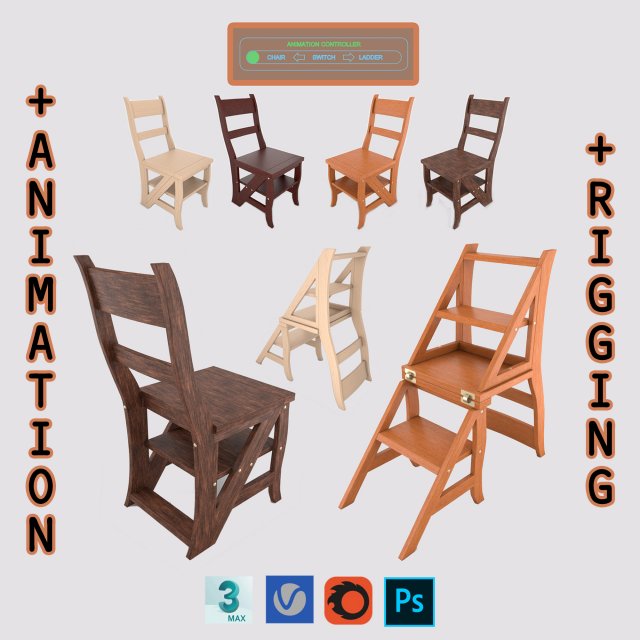 ladder chair with rigging and animation 4 wood versions 3D 模型 .c4d .max .obj .3ds .fbx .stl .blend 