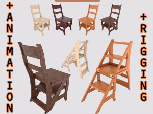 ladder chair with rigging and animation 4 wood versions Modèle 3D