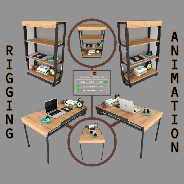 wall mounted convertible shelf and table rigging and animation 3D Model .c4d .max .obj .3ds .fbx .stl .blend 