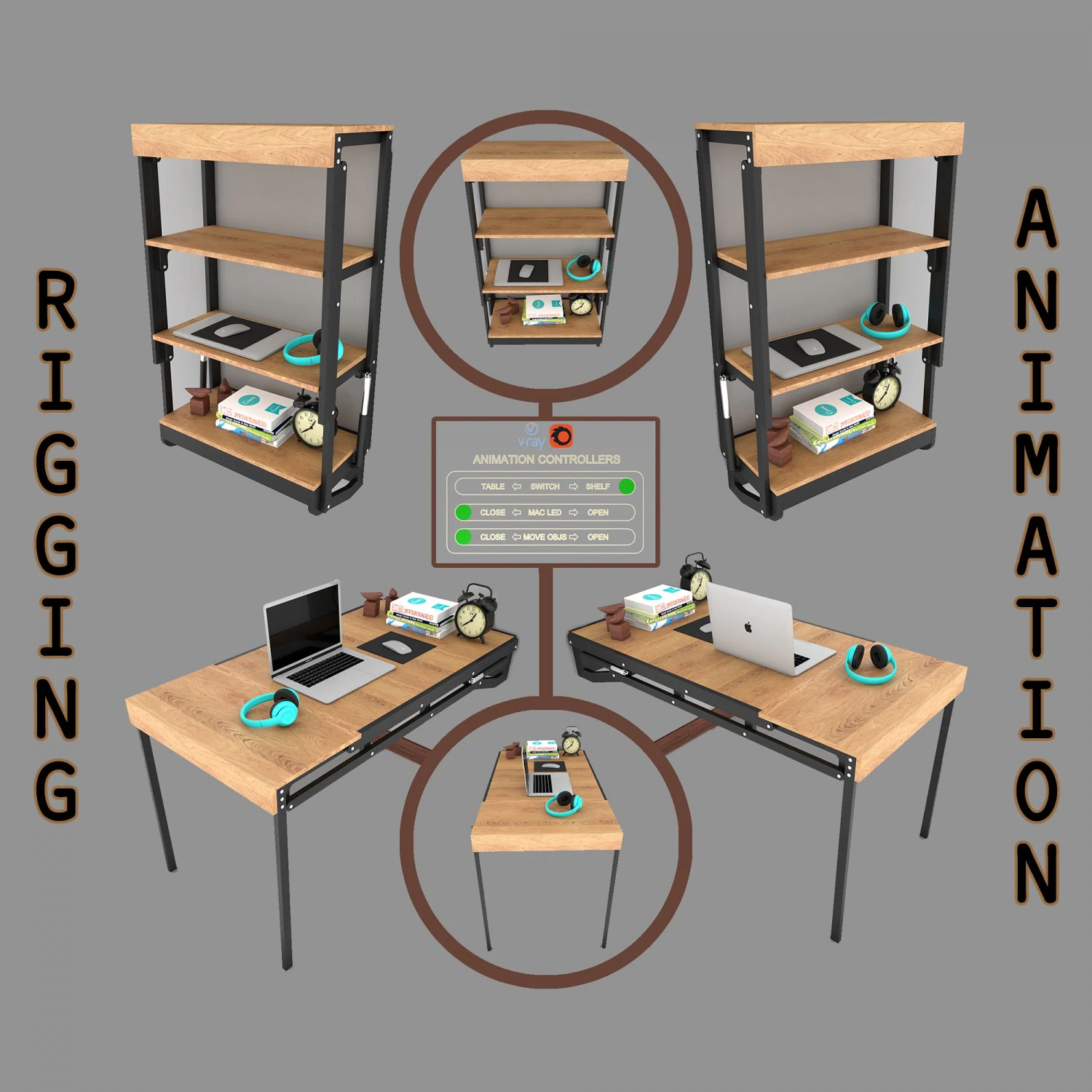 wall mounted convertible shelf and table rigging and animation 3D Model .c4d .max .obj .3ds .fbx .stl .blend 
