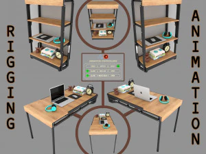 rak konvertibel yang dipasang di dinding dan tali-temali meja serta animasi Model 3D