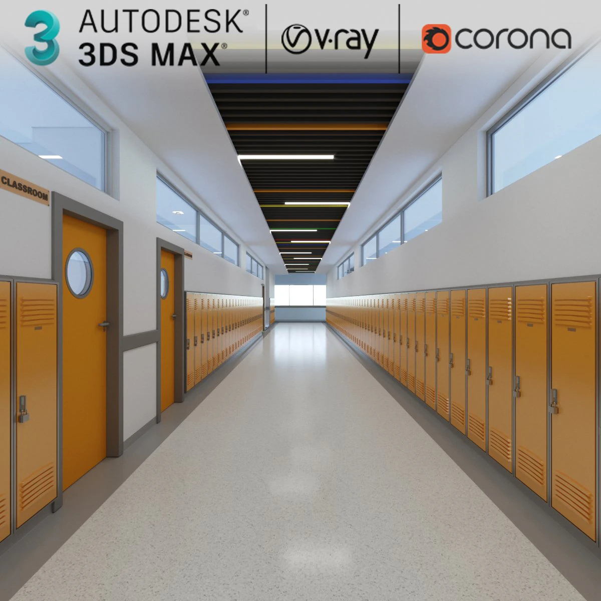 school hallway interior scene 3D Model .c4d .max .obj .3ds .fbx .stl .blend